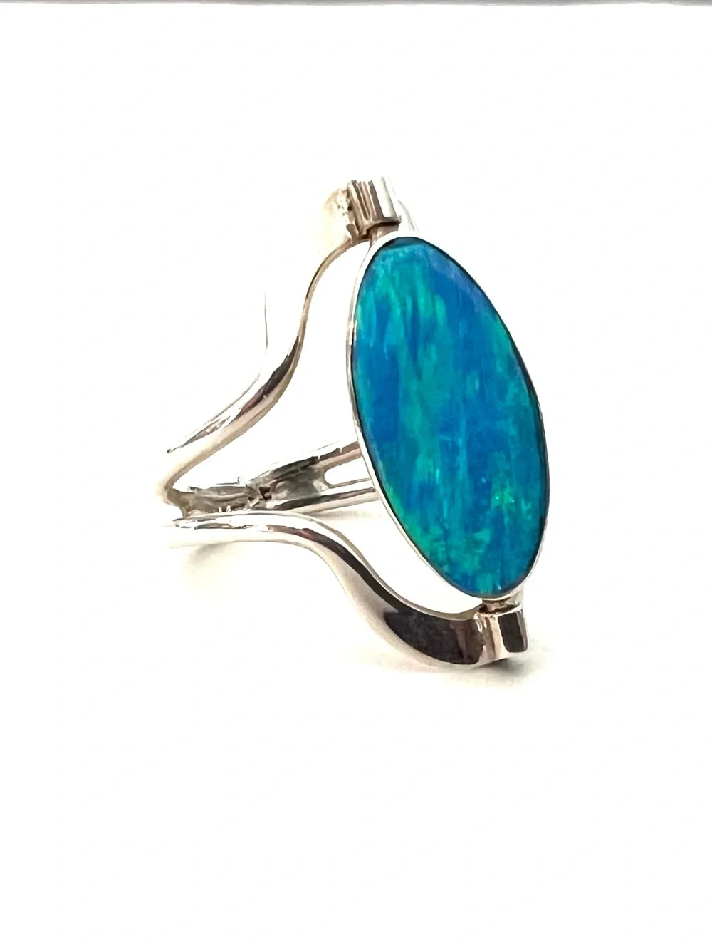 Blue Opalescent and Black Sterling Silver Reversible Ring - Women Jewelry Size 7